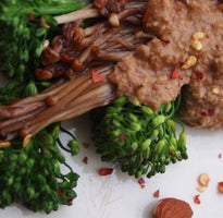 Enoki Mushrooms with Raw Almond Butter Rama Sauce