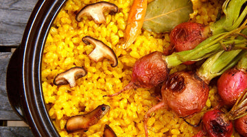 Golden Rice with Crispy Shiitakes and Oven-Roasted Radishes
