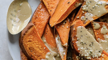 Hemp Seed-Sprinkled Baked Sweet Potato Fries with Lemon Tahini Dressing