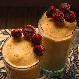 Almond Peach Shake with Cacao-Infused Raspberry Grooves