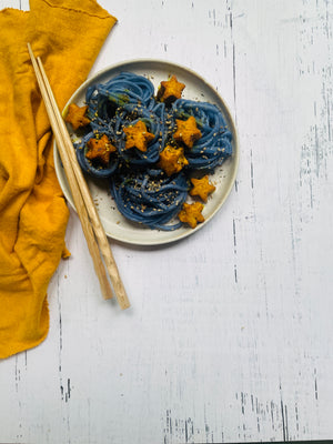 Blue Noodles and Turmeric Fried Tofu Stars