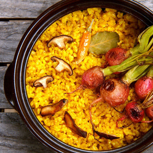 Golden Rice with Crispy Shiitakes and Oven-Roasted Radishes