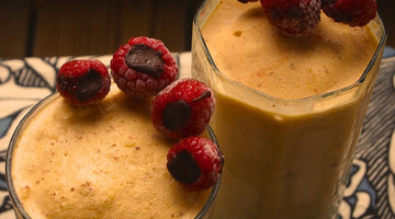 Almond Peach Shake with Cacao-Infused Raspberry Grooves