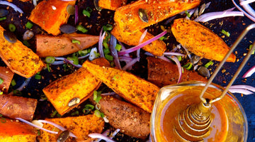 Za'atar Roasted Sweet Potato Wedges with Oregon Pumpkin Seeds and Honey Mustard Dressing