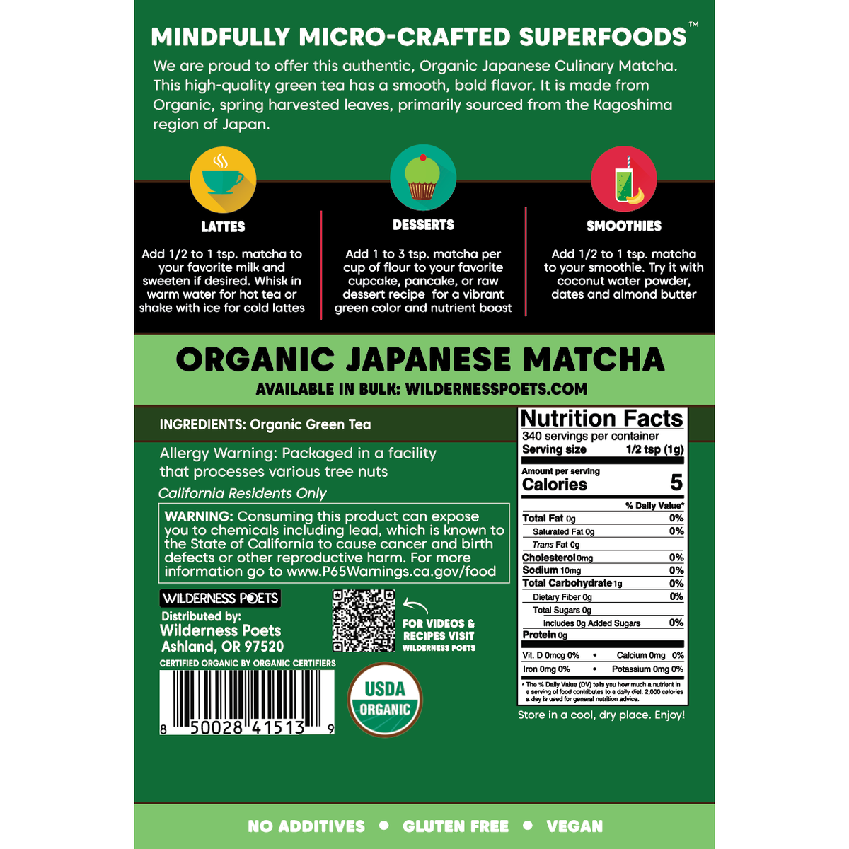 Wilderness Poets, Organic Matcha Green Tea Powder