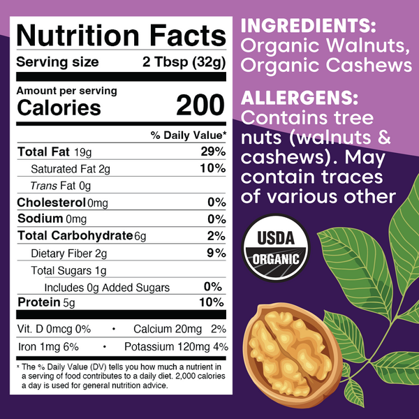 Walnut Butter with Cashews - Organic, Chandler Variety, California-Grown